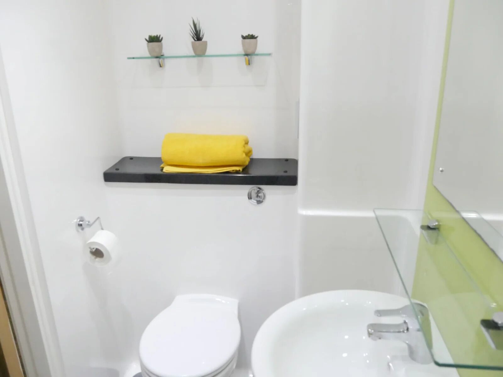 Un bany amb vàter, un lavabo i una estant amb plantes en testos.