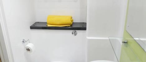 Un bany amb vàter, un lavabo i una estant amb plantes en testos.