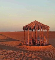 Escena desértica con una estructura de techo de paja rodeada de palmeras.