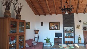 Una sala de estar acogedora con techo de madera, chimenea y televisión.