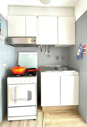 Una cucina compatta con fornelli, forno e lavello.