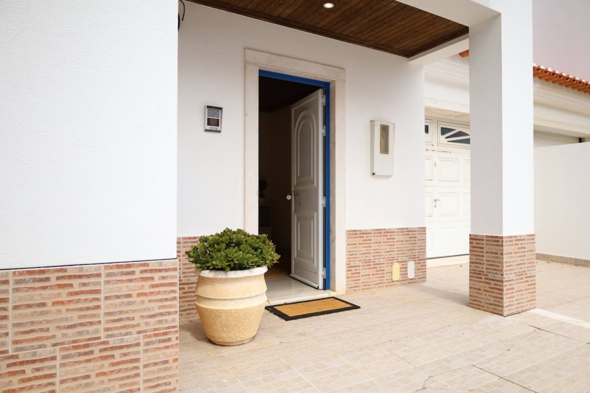 A building entrance with a potted plant, a door, and a wall-mounted device.
