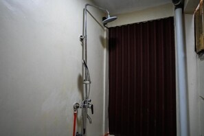 Een douche met een handdouche en een kraan op de muur.