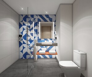 A modern bathroom with a geometric tile backsplash, a glass shower enclosure, a wooden vanity, and a toilet. - Holiday Inn Express Bangkok Phayathai by IHG (Bangkok)