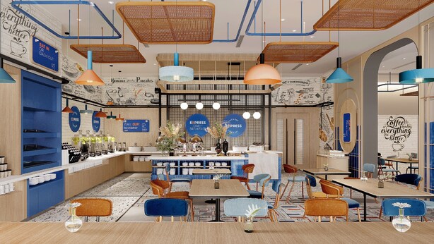 A modern cafe interior with multiple seating areas, a counter with a coffee machine, and decorative wall art.