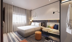 A modern hotel room with a large bed, a seating area, and a cityscape view. - Holiday Inn Express Bangkok Phayathai by IHG (Bangkok)
