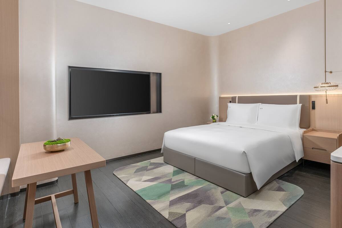 Une chambre d’hôtel moderne avec un grand lit, une table de chevet, une petite table avec une plante, un téléviseur fixé au mur et une salle de bain avec une douche aux carreaux verts.