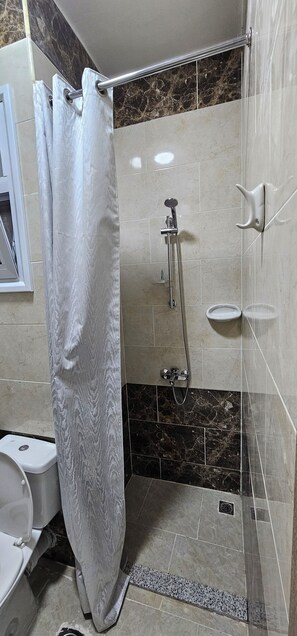 Shower, towels, soap, toilet paper