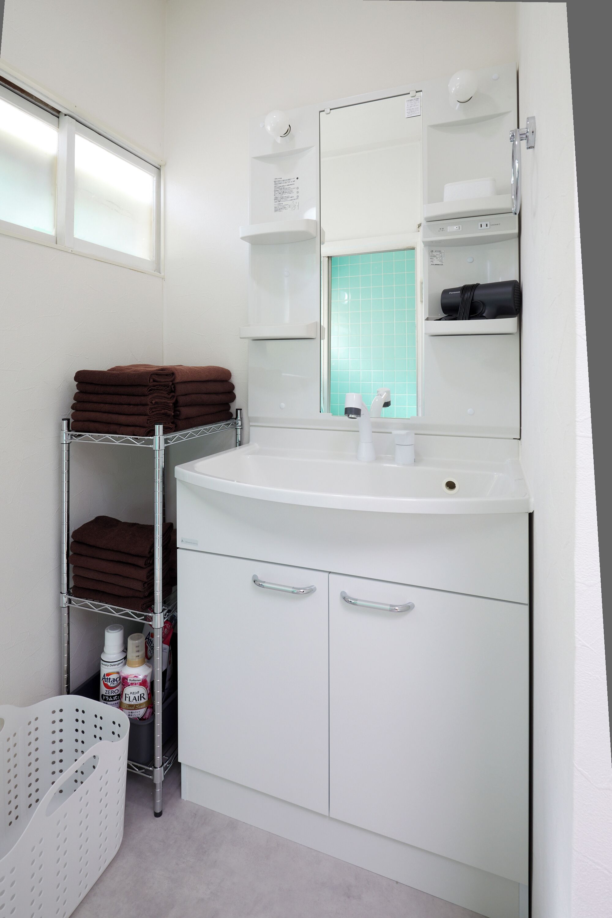 Hair dryer, bidet, towels, soap