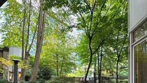 Un espace extérieur aménagé en terrasse, avec un jardinier en béton, des sièges et une vue sur les arbres et les bâtiments.