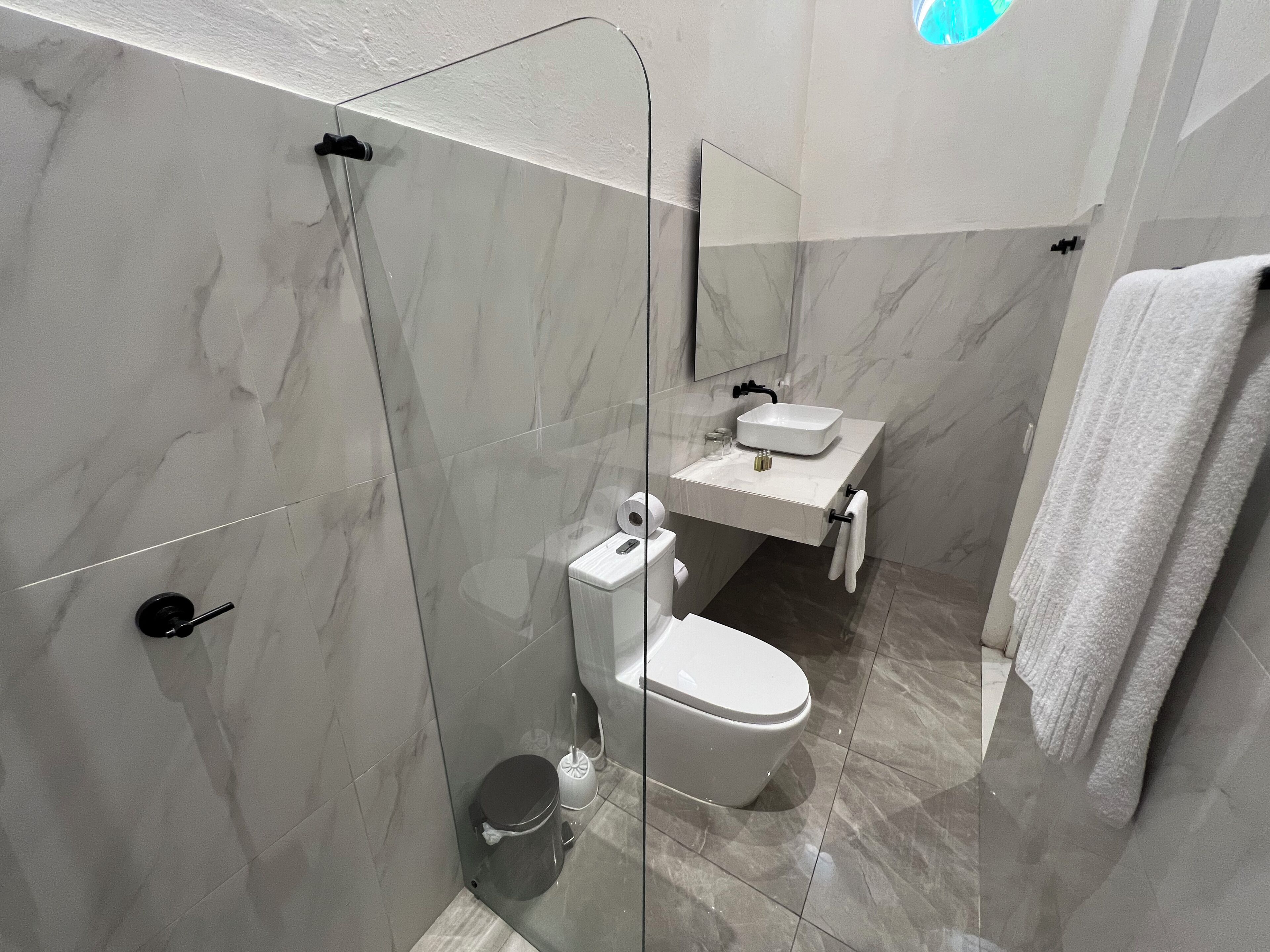 Ein modernes Badezimmer mit einer Duschkabine, einer Toilette und einem Waschbecken mit Spiegel darüber.