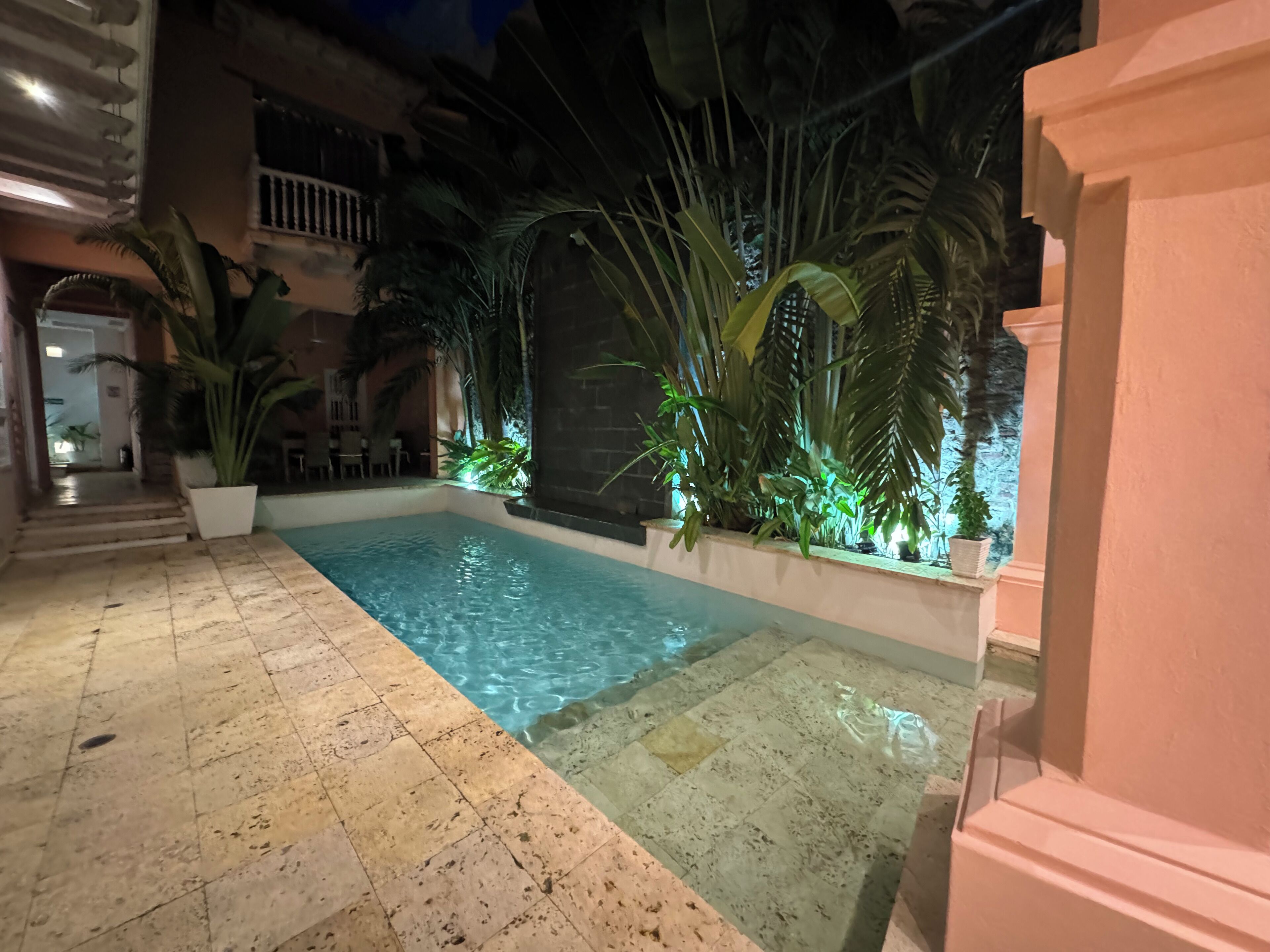 A swimming pool with tiled flooring, surrounded by potted plants and palm trees, with a building in the background.