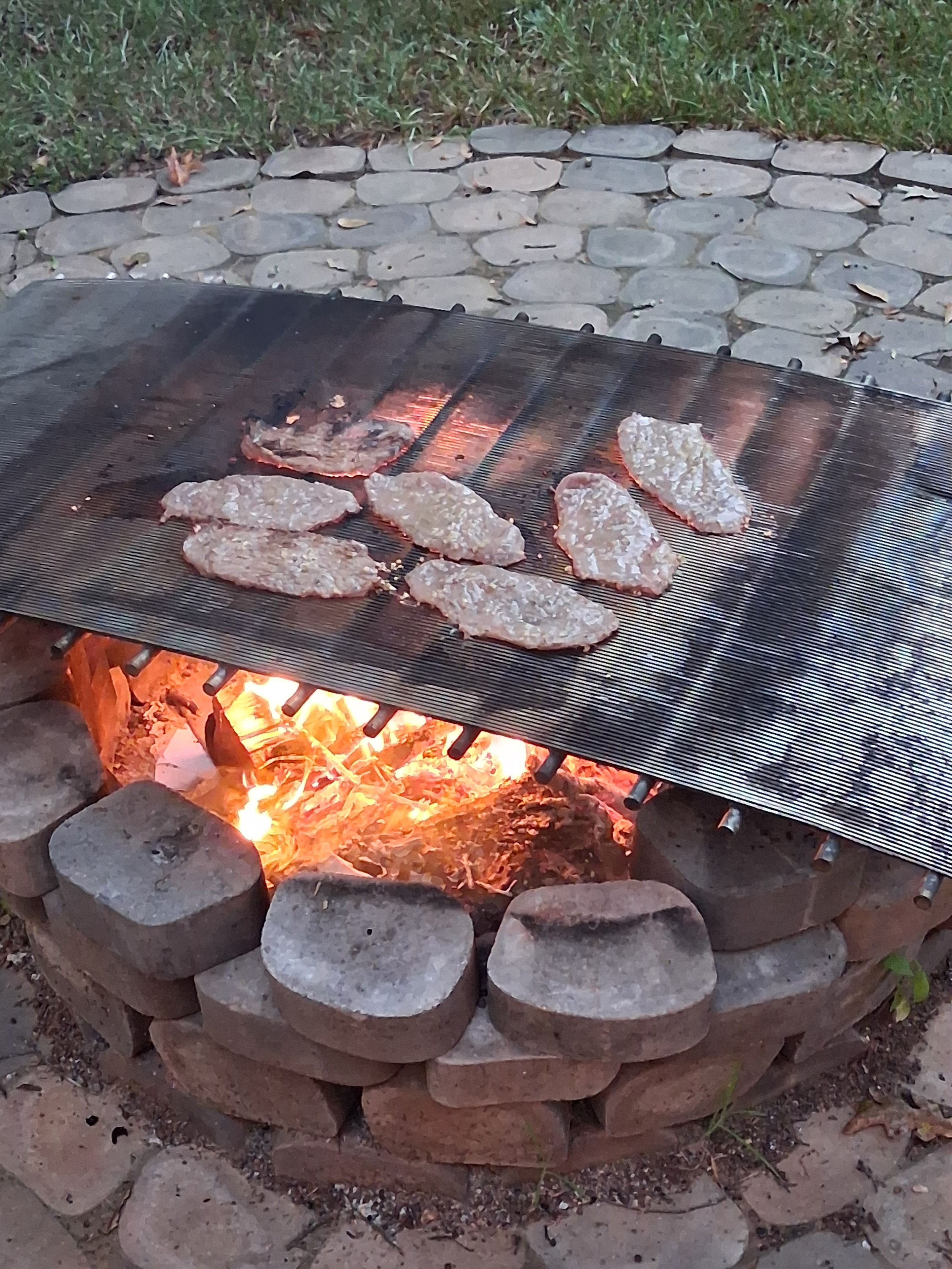 A grill over an open fire pit with meat being cooked.