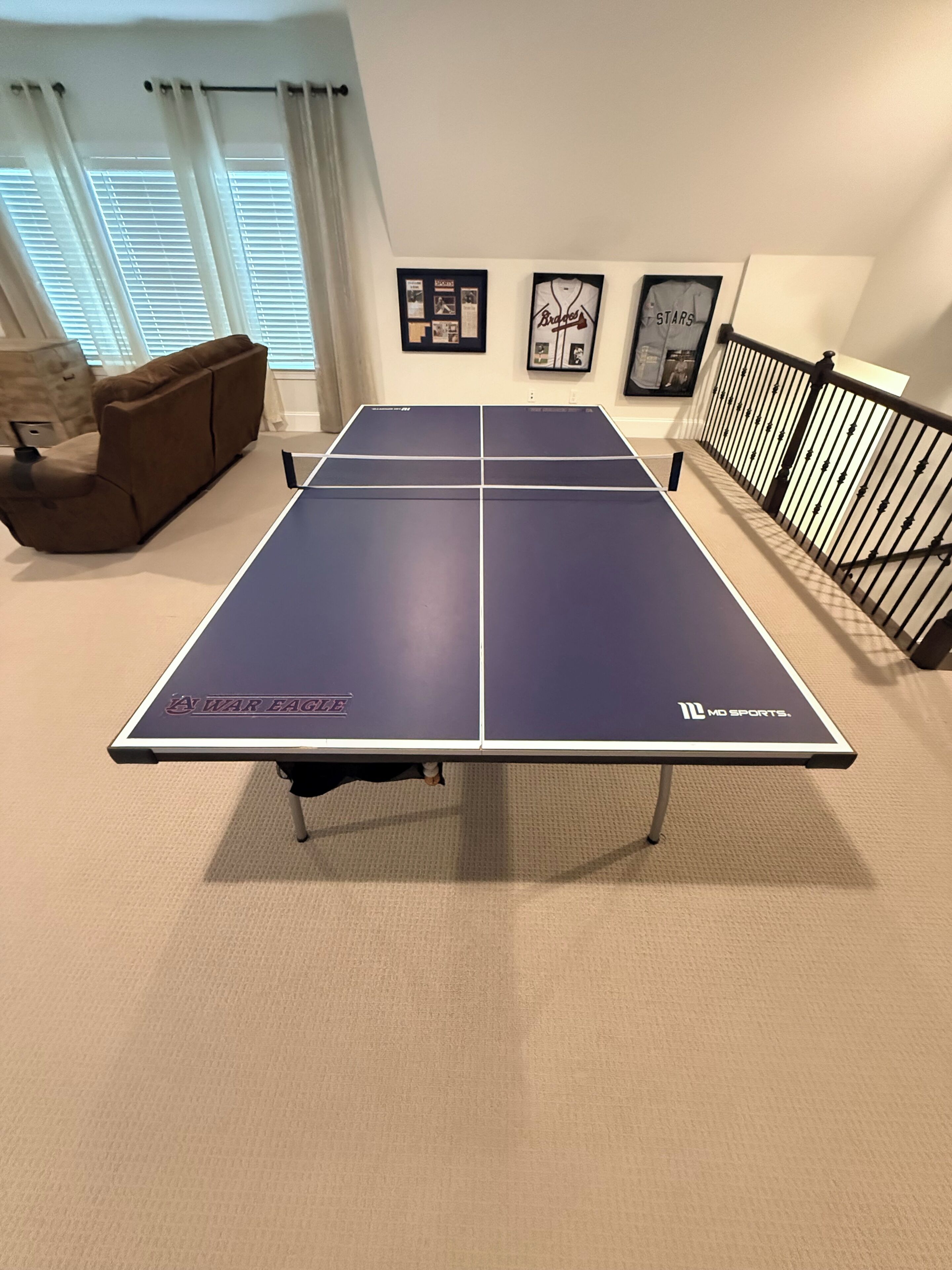 Ein Tischtennistisch mit 'War Eagle' und 'MD Sports' Branding, ein braunes Sofa und gerahmte Bilder an der Wand.