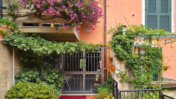 A narrow alleyway with a gated entrance, surrounded by lush greenery and flowering plants. - Isa's Garden (Monterosso al Mare)
