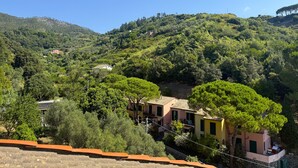 A hillside village with traditional buildings, lush greenery, and a clear blue sky. - Isa's Garden (Monterosso al Mare)