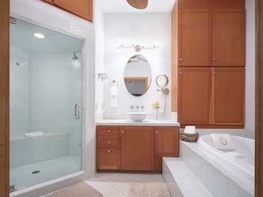 Shower, jetted tub, hair dryer, bidet