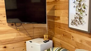 A room with a flat-screen TV mounted on the wall, a small white appliance, a striped armchair, and a framed butterfly artwork.