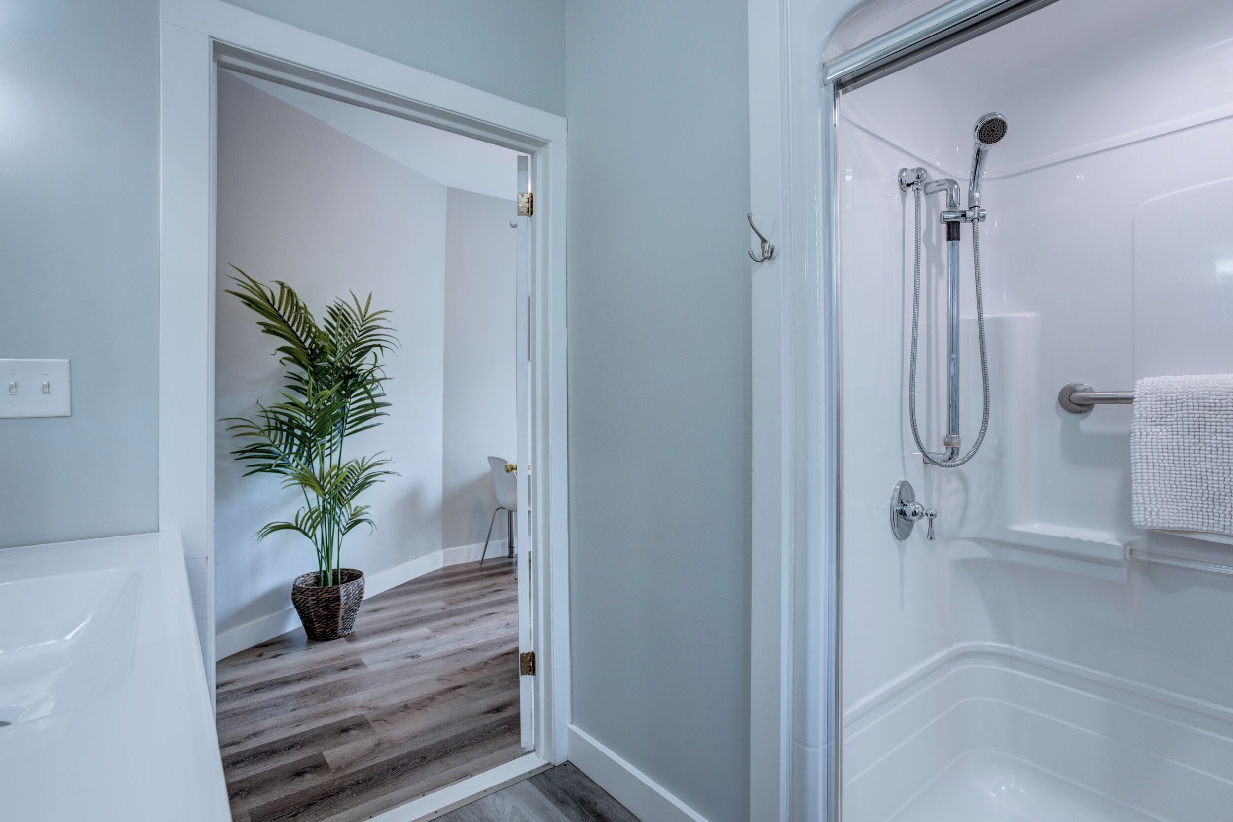 A modern bathroom with a glass-enclosed shower, a potted plant, and a wooden floor.