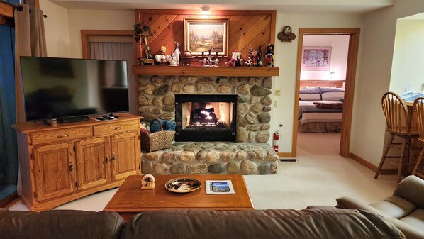Smart TV, fireplace, books