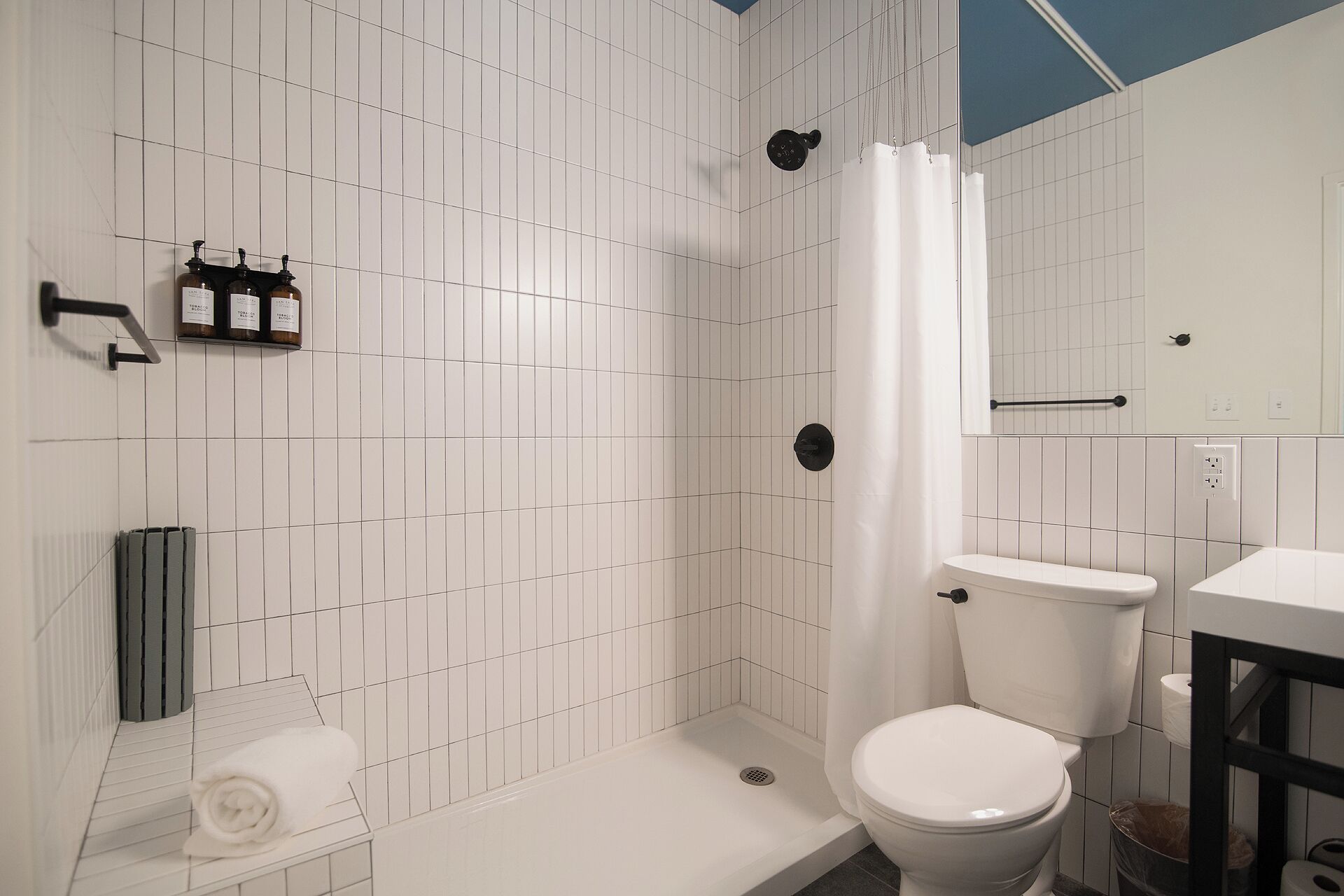 Une salle de bain avec douche, toilettes et lavabo.