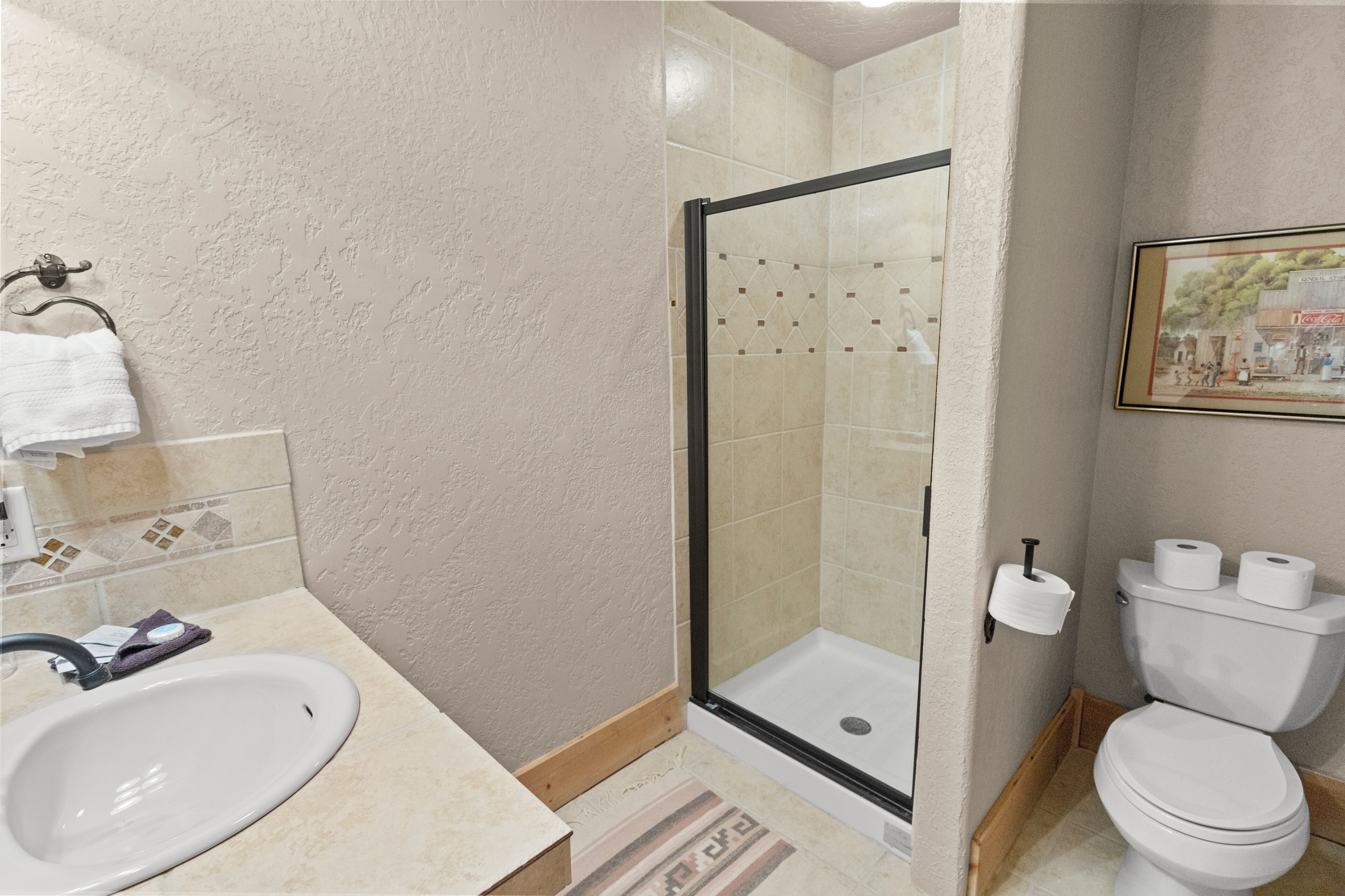 Ein Badezimmer mit Dusche, Toilette, Waschbecken und einem gerahmten Bild an der Wand.