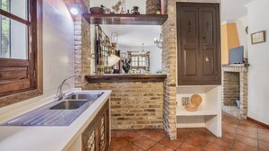 Una cocina con pared de ladrillo, estantes de madera, un lavabo y una chimenea de piedra.