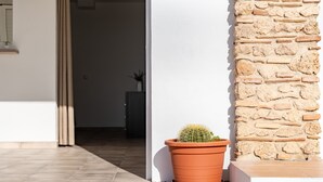 A potted cactus on a tiled patio next to a stone wall. - Apartment 'Timón' with Sea View, Wi-Fi and Air Conditioning (Mijas)