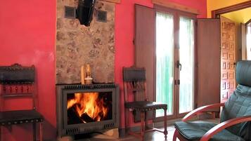 Een woonkamer met een open haard, een stenen muur, een houten deur en een groene stoel.