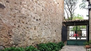 Un muro de piedra, un sendero de piedra y una puerta verde con un portón de metal.