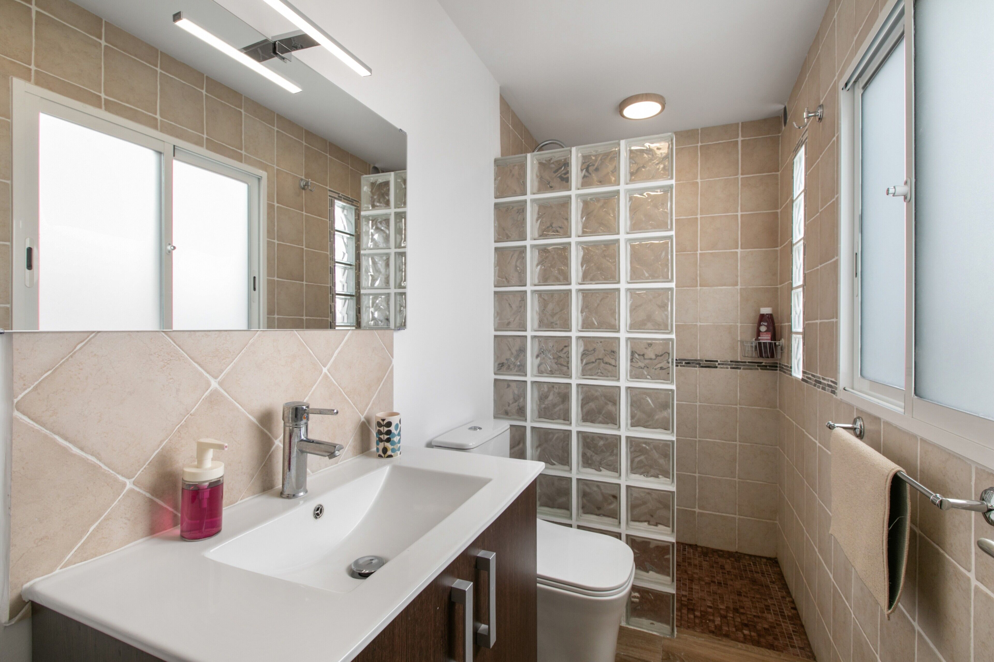 Shower, hair dryer, towels