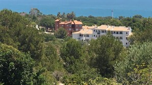 Une propriété située sur la côte, comprenant plusieurs bâtiments, entourée d’une végétation luxuriante et offrant une vue sur la mer.