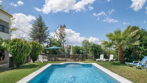 Ein rechteckiger Pool mit gemustertem Rand, umgeben von einer Rasenfläche und Bäumen.