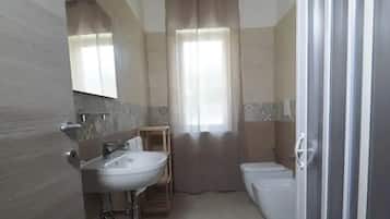 Shower, hair dryer, bidet, towels