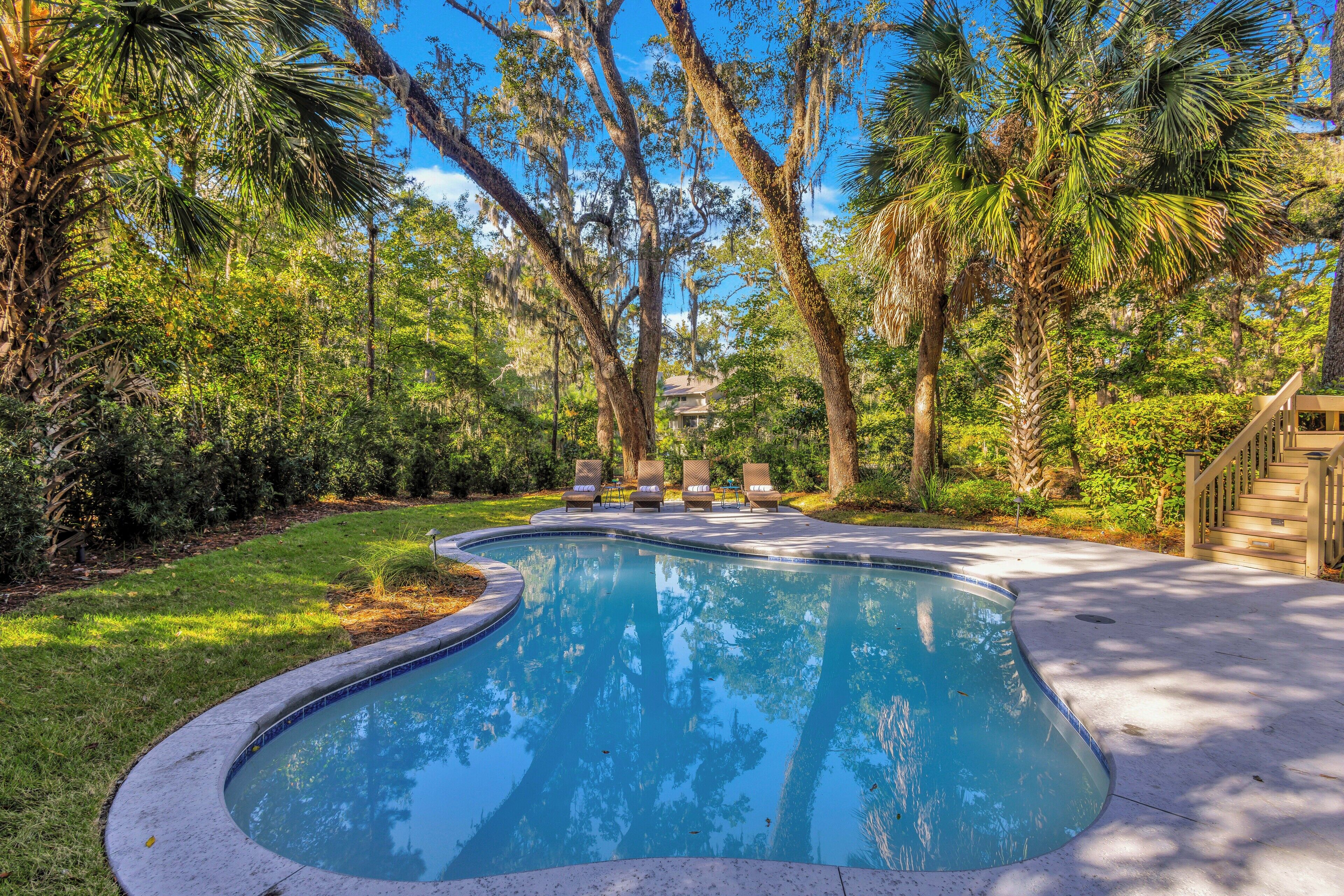 Una piscina circondata da rigogliosa vegetazione e alberi.