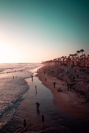 A beach with people walking along the shore, palm trees, and a clear sky.