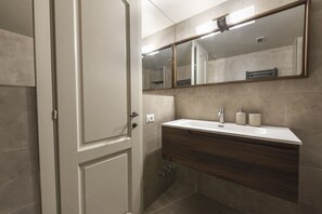 Shower, hair dryer, bidet, towels