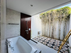 Villa, 2 Bedrooms, Pool View | Bathroom | Combined shower/tub, hair dryer, towels, soap
