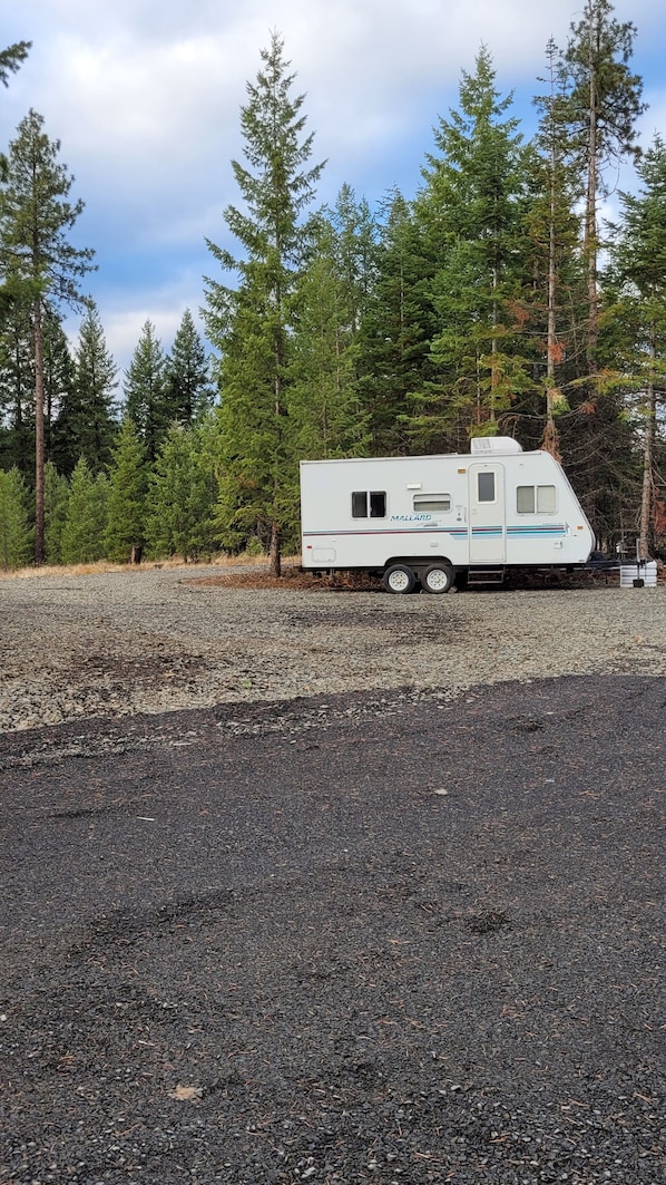 Een witte camper geparkeerd op een grindpad, met een bos op de achtergrond.