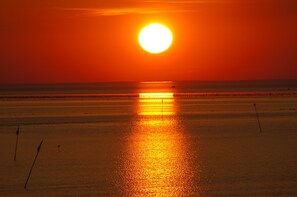 Una playa con un atardecer, mar tranquilo y un muelle que se adentra en el agua.