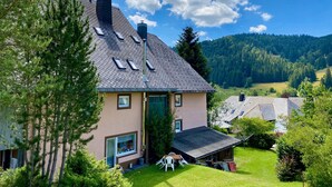 Ein Haus mit geneigtem Dach, mehreren Dachfenstern und einem grünen Rasen.
