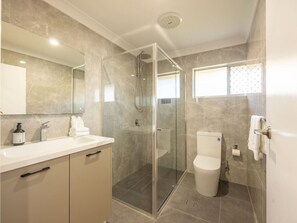 Hair dryer, towels, soap, shampoo