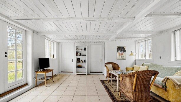 A spacious living room with a high ceiling, a television on a wooden stand, a bookshelf, wicker chairs, a sofa, and a rug. - Cozy home in Aakirkeby with WiFi (Aakirkeby)