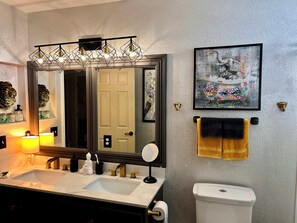 Hair dryer, towels, soap, shampoo