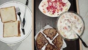 A tray with two plates, one with toast and the other with a dessert, and a bowl of soup. - Guest House UGS  (Jodhpur)