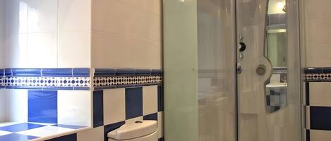 Regadera, secadora de cabello, toallas