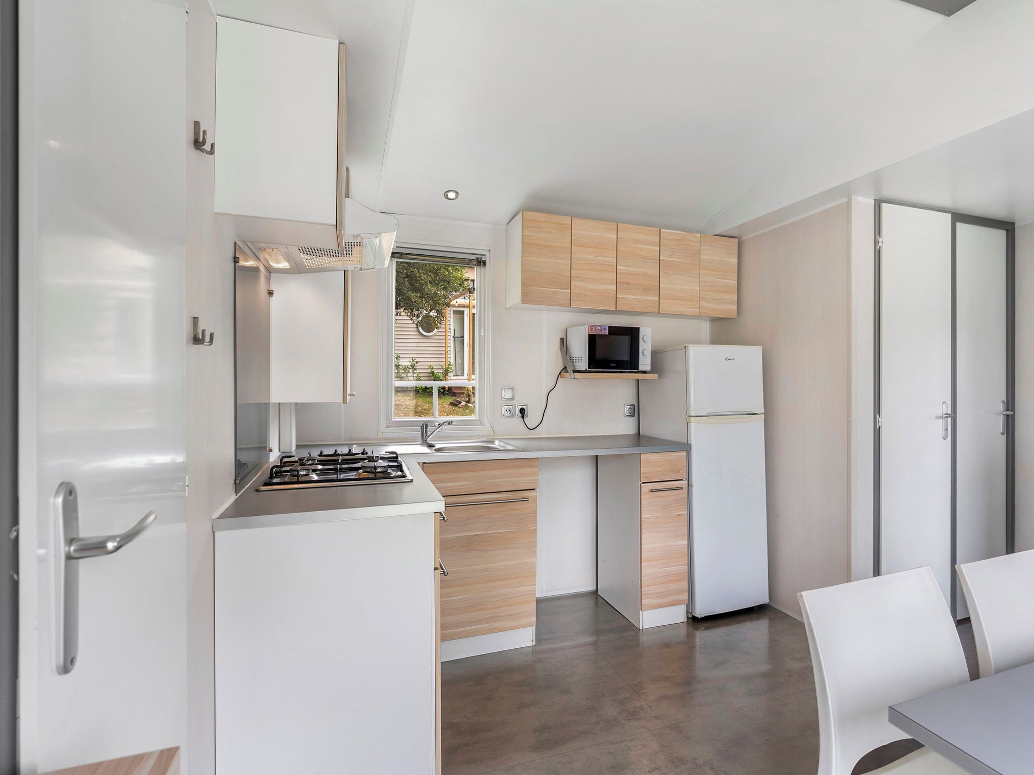 Fridge, microwave, cookware/dishes/utensils
