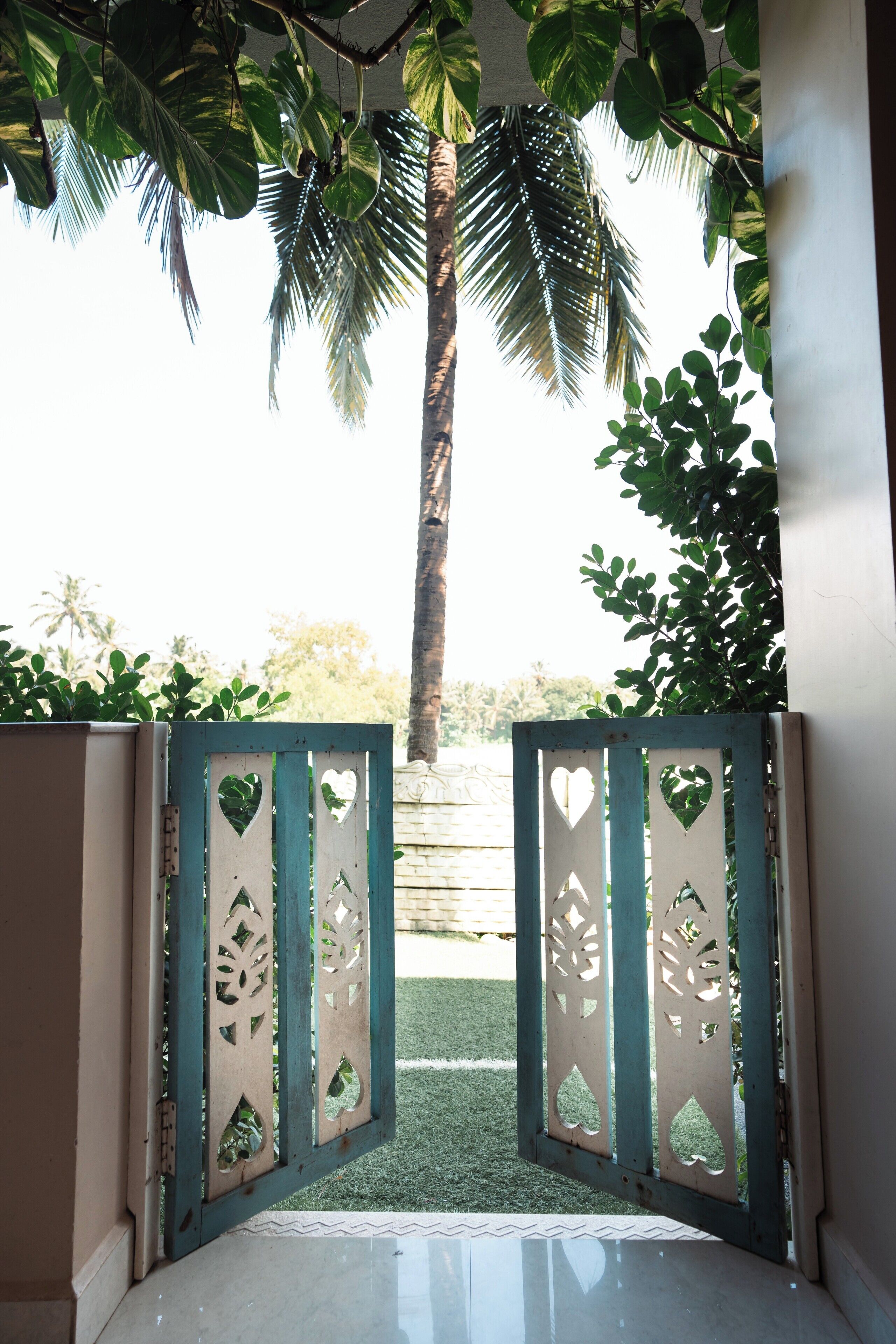 A gated entrance with decorative cutouts, a palm tree, and a well-maintained lawn.