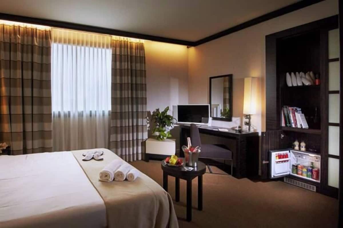 Une chambre d’hôtel équipée d’un lit, d’un bureau, d’une chaise, d’une télévision, d’une bibliothèque et d’un mini-bar.