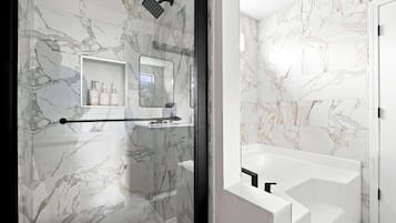 Shower, hair dryer, shampoo